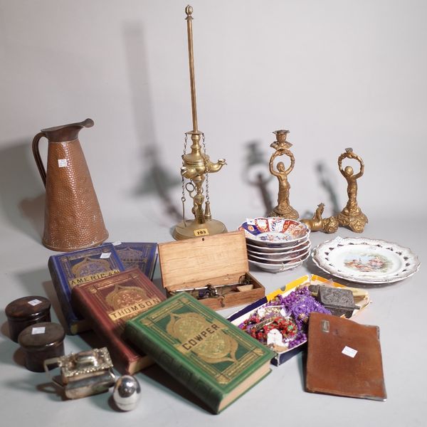 Collectables, including; a brass whale oil lamp 52cm high, a quantity of costume jewellery, a silver mounted leather wallet, a set of pocket scales an