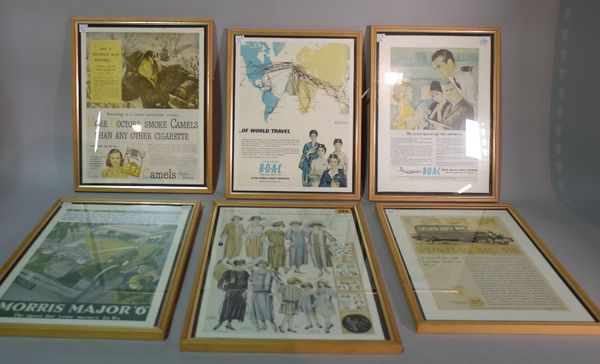 A group of six early 20th century advertisement prints comprising; two 'B.O.A.C.' posters circa 1960s, a Camel advertising poster 1960s, two motor veh