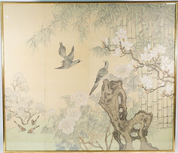 Chinese school, 20th century, a large painting on silk of birds amongst rocks , flowers and bamboo, 110cm. by 127cm., framed and glazed.