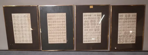 A group of seven early 20th century framed prints of Roman coins, each 35cm wide x 49cm high.  E1  A1