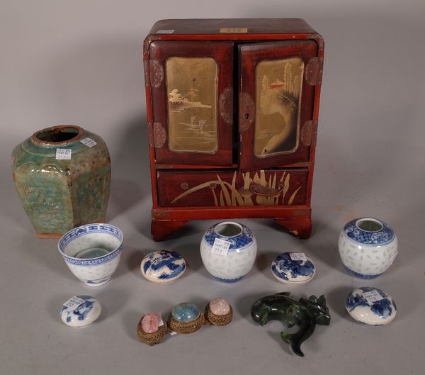 Asian collectables, including; a red leather miniature jewellery box, 20cm wide x 27cm high, a gilt metal and agate belt buckle, 10cm wide (a.f.), a q