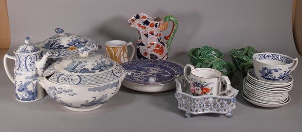 An Old Chelsea blue and white part dinner service, including a lidded tureen, cup and saucers, Ironstone china hydra jug, a 20th century blue and whit