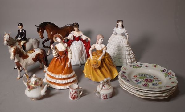 A group of ceramics including Beswick horses, Doulton ladies, Coalport ladies and sundry. S6M