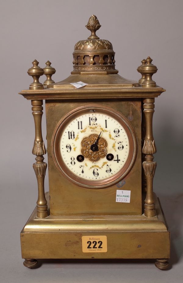 A 19th century brass cased mantel clock, 18cm wide x 34cm high.  B3