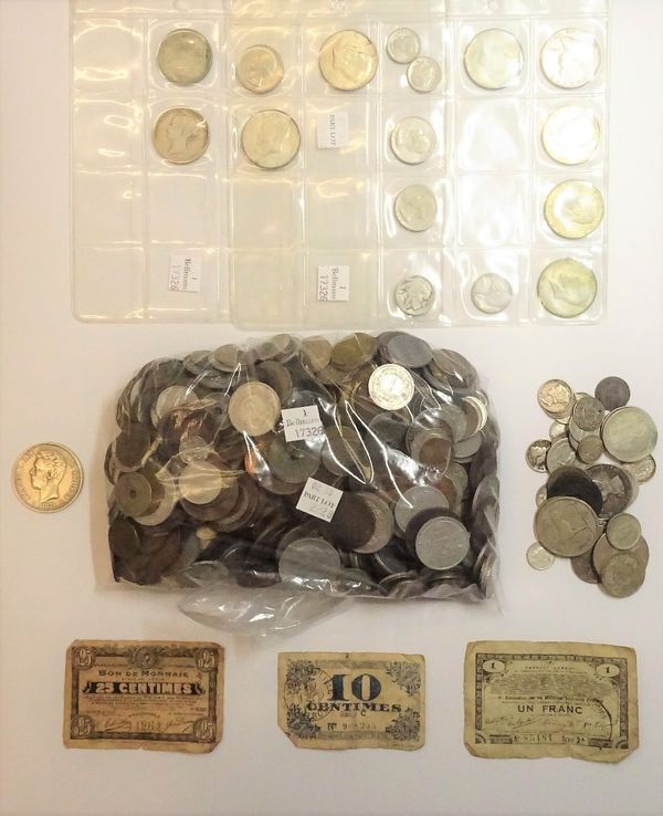 A collection of foreign coins, various countries of the world, including; a Spain five pesetas 1871, an Australia florin 1946, a U.S.A half dollar 195