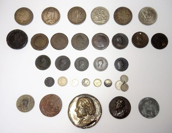 Six crowns, comprising; 1820 (counter stamped), 1889, 1902, 1935, 1951 and 1953, further mostly British coins, including a cartwheel twopence, various