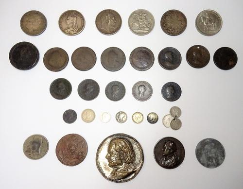 Six crowns, comprising; 1820 (counter stamped), 1889, 1902, 1935, 1951 and 1953, further mostly British coins, including a cartwheel twopence, various