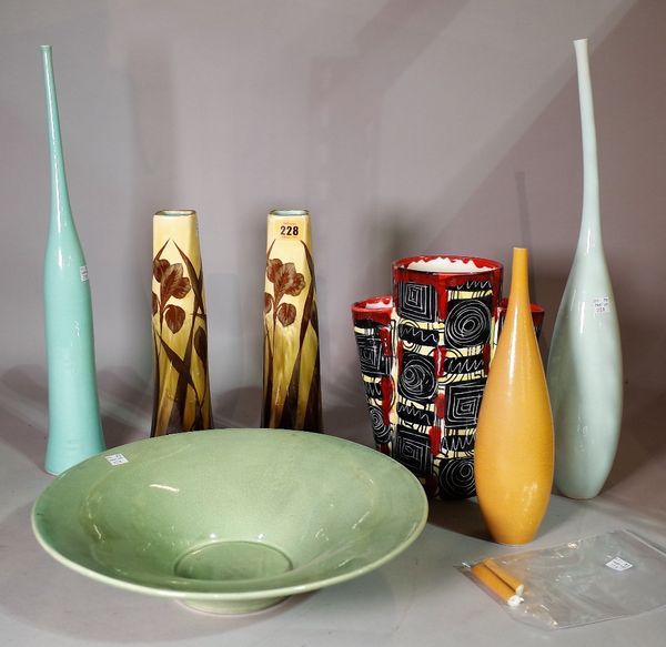 20th century ceramics, including; a pair of Australian Art Nouveau type vases, 32cm high, four studio pottery vases and a bowl, the largest 51cm high,