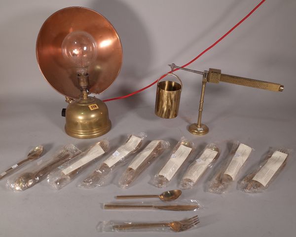 'Tilley Radiators, England', an early 20th century brass heat lamp, 29cm wide x 42cm high and a quantity of bronzeware flatware. S1T