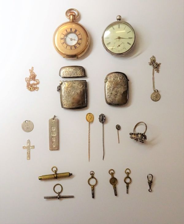 A gold stick pin, mounted with a U.S.A gold dollar 1853, a gilt metal cased, keyless wind, half hunting cased gentleman's pocket watch, a silver cased