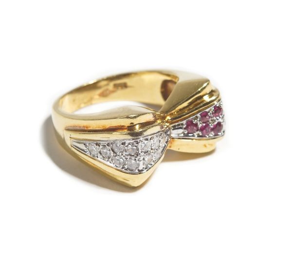 An 18ct gold, diamond and ruby ring, designed as a stylized bow, mounted with circular cut diamonds and rubies, detailed 18 K, import mark London 1975