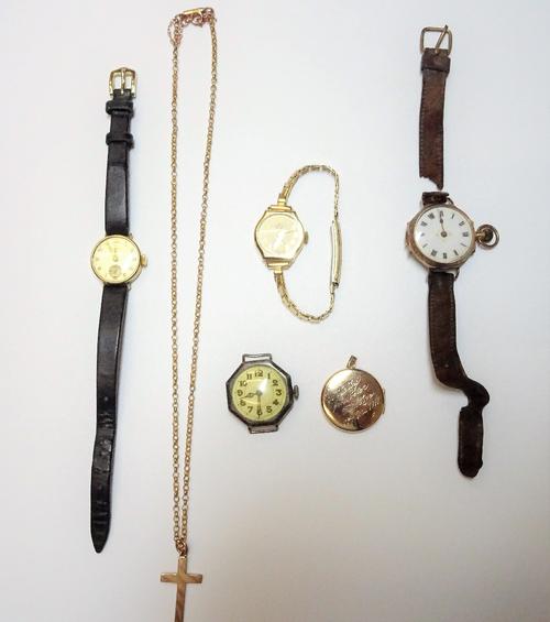 A 9ct gold pendant cross, on a gold circular link neckchain, with a cylindrical clasp, fitted with a safety chain, a 9ct gold, circular pendant locket