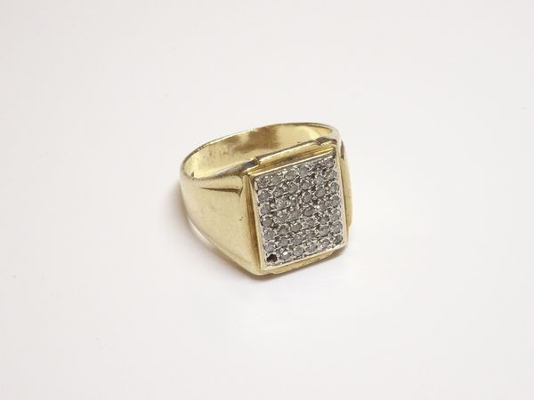 A 9ct gold and diamond set gentleman's rectangular signet style ring, set with circular cut diamonds (one corner diamond lacking), ring size S and a h