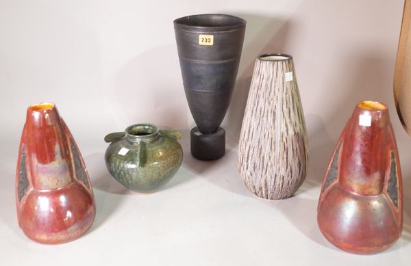 Ceramics; a group of five 20th century studio pottery vases, to include a pair, the largest 36cm high, (5). S6T