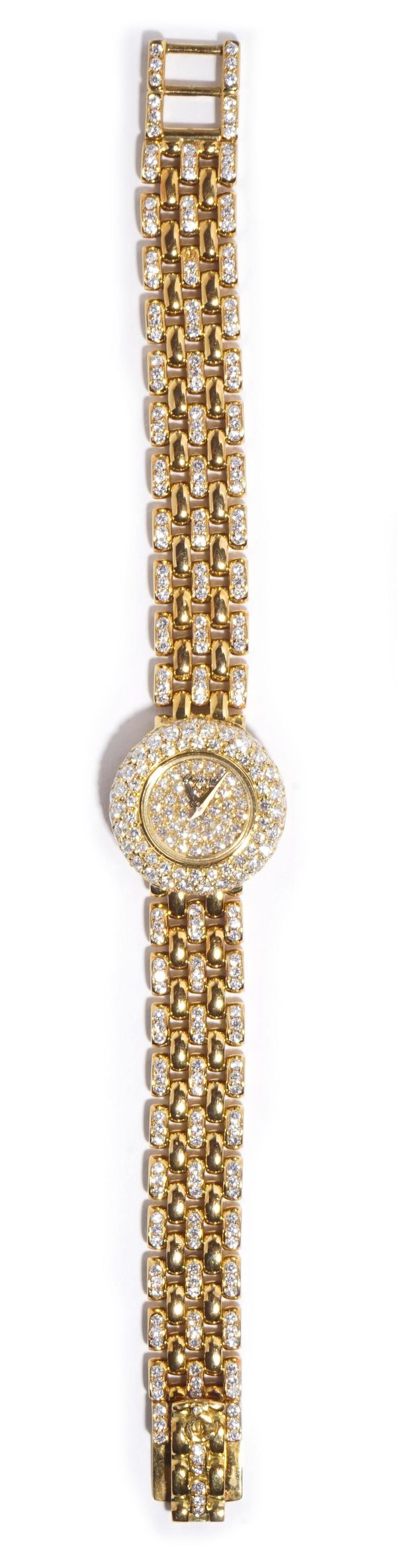 A Chopard gold and diamond set lady's bracelet wristwatch, circa 1988, the circular dial and bezel pave set with circular cut diamonds, the multiple r