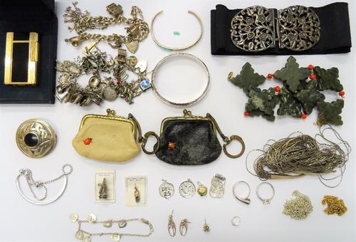 Silver and other jewellery and further items, comprising; two charm bracelets, two bangles, a two piece waist belt buckle, cast and pierced with folia