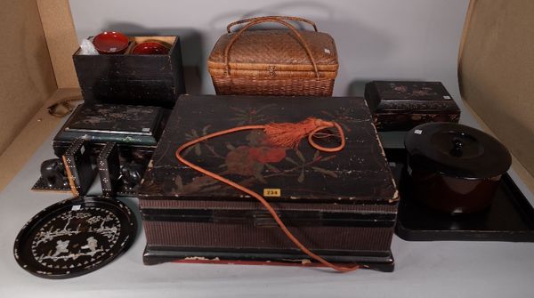 Asian collectables, including; a similar pair of late 19th century black lacquer and mother-of-pearl inlaid boxes, 29cm wide x 12cm high, a large blac