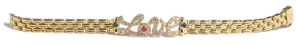 A Tabbah gold, diamond and cabochon coloured gemstone set bracelet, the centre designed as LOVE in script, set with circular cut diamonds, further set