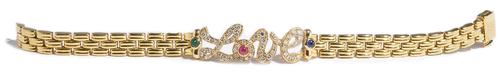 A Tabbah gold, diamond and cabochon coloured gemstone set bracelet, the centre designed as LOVE in script, set with circular cut diamonds, further set