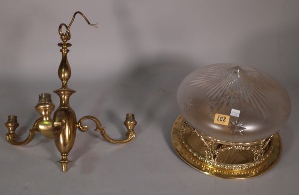 A Victorian style brass domed ceiling light cut glass shade, 26cm wide and a 20th century brass three branch chandelier, 35cm wide x 40cm high, (2) S1