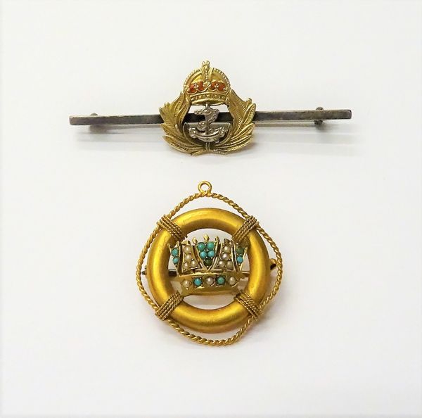 A gold, turquoise and seed pearl set brooch, designed as a Naval crown within a life-belt, detailed 15 CT and a gold, silver and red enamelled bar bro