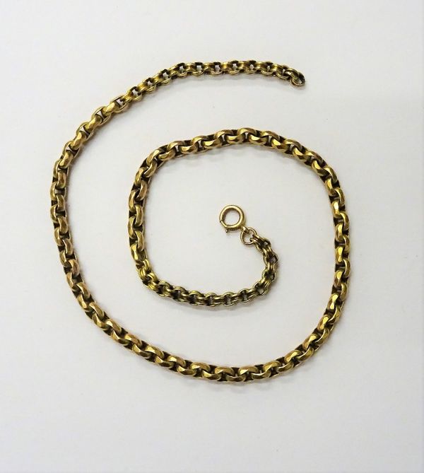 A late Victorian gold neckchain, in a faceted oval link design, with additional lengths of gold chain at each end, on a later boltring clasp, length 4