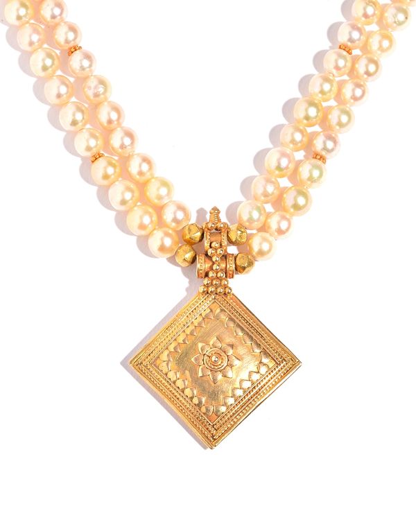 A gold and cultured pearl necklace, formed as two rows of cultured pearls, with a gold hollow lozenge shaped drop to the front, on a hook and loop sha