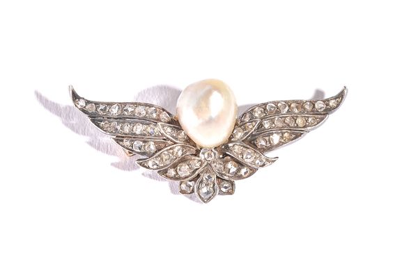 A natural saltwater pearl and diamond brooch, designed as a pair of wings, mounted with rose cut diamonds and with a central natural saltwater pearl,