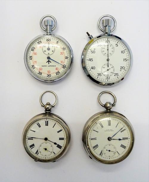 A Nero Lemania M.O.D issue keyless wind, openfaced 30 minute recording gentleman's stop watch, an M.O.D issue keyless wind openfaced stop watch, a sil