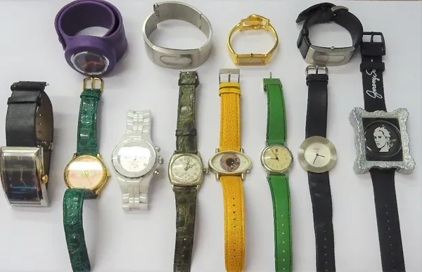 A group of twelve modern fashion wristwatches, including; Techno Marine, Gucci, Swatch, Life Style and Slap, (12).