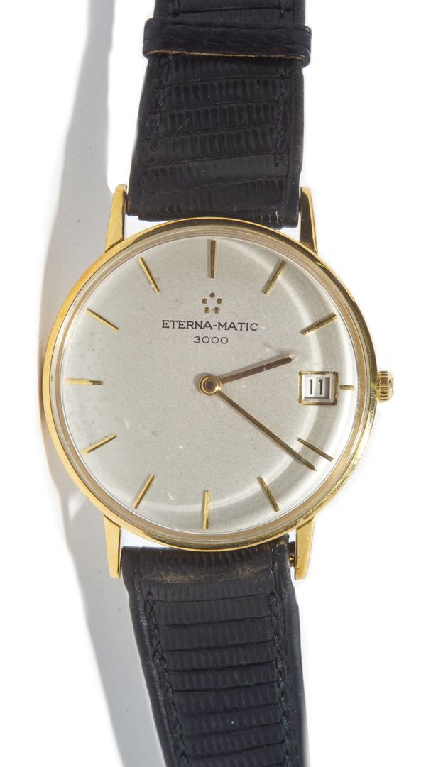 An Eterna-Matic 3000 18ct gold circular cased gentleman's automatic wristwatch, with a signed automatic movement, the signed silvered dial with gilt b