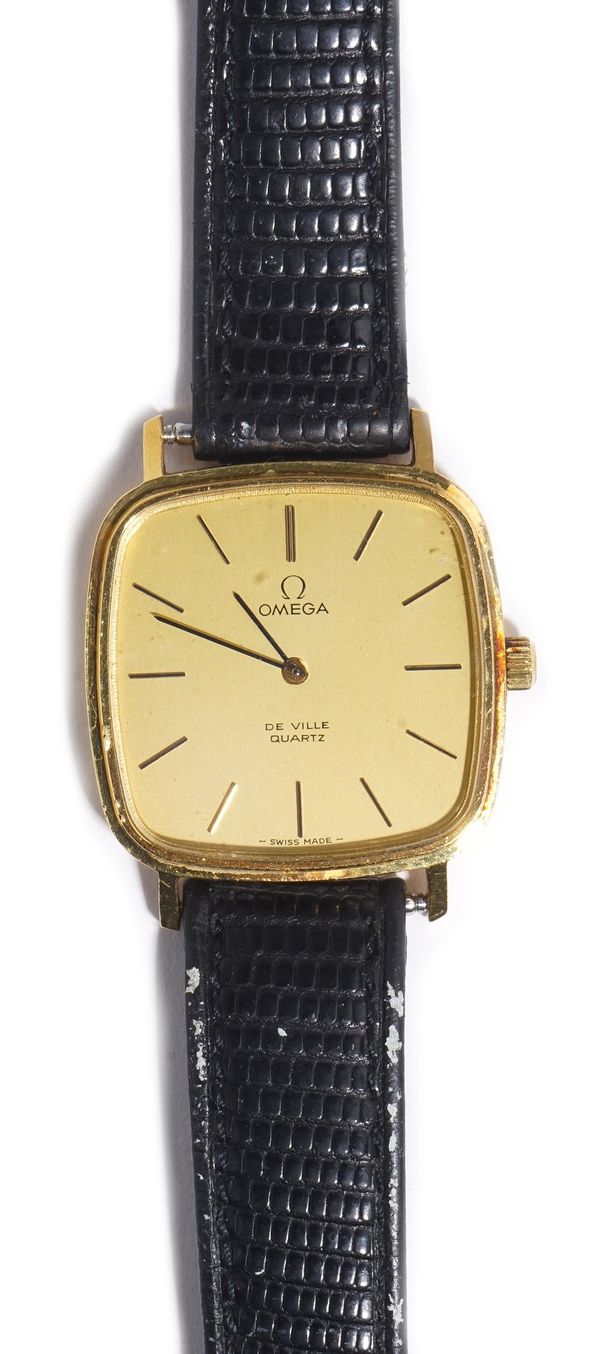 An Omega De Ville Quartz 18ct gold curved square cased gentleman's wristwatch, with a signed movement, the signed gilt dial with baton numerals and bl