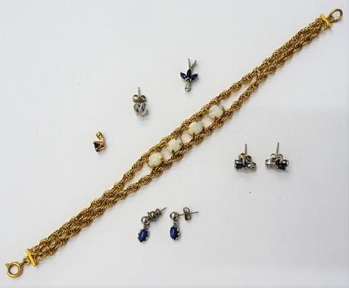 A pair of sapphire and diamond earrings and a matching pendant, a pair of white gold and cabochon, synthetic star sapphire earrings, one diamond singl