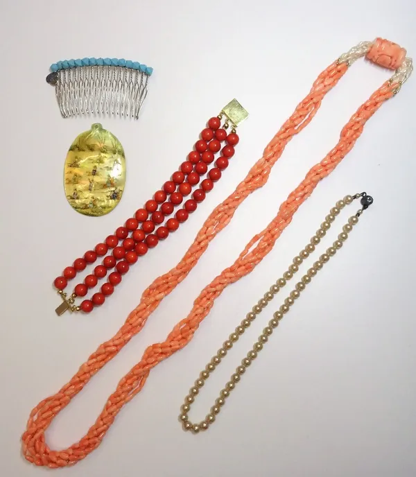 A three row bracelet of coral beads, on a gold rectangular clasp, detailed 750, a six row pale pink coral bead necklace terminating with rows of fresh