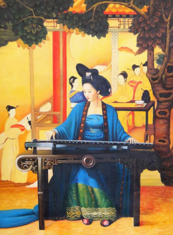 Oriental School, 20th Century, Geisha girl playing a sitar, oil on canvas, unframed, 101 x 76cm. E1