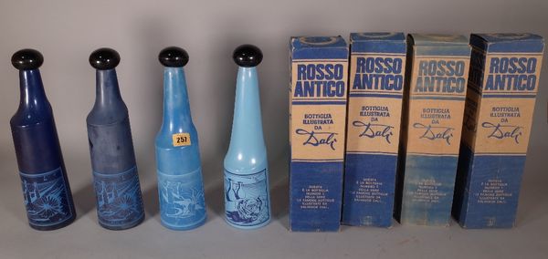 'ROSSO ANTICO' Dali, a set of three 20th century blue glass bottles and another, each 33cm high, boxed, (4). S2T