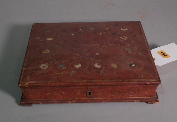 An early 20th century French embossed red leather stationery cum writing box. CAB