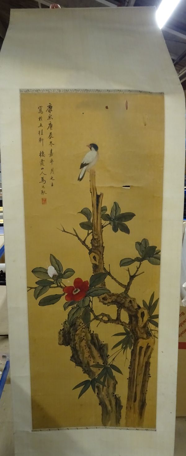 Asian scrolls, comprising; a bird on blossom, a scroll with 33 temple seals, a modern Chinese scroll of a bird in a tree, a large calligraphy scroll,