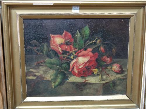 Manner J de Chirico, still life of roses, oil on board, bears a signature, 29cm x 23cm and sepia engravings after Claude, (qty).  A1 / Cab