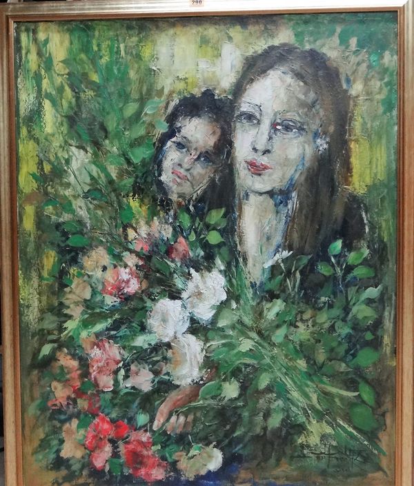 Continental School (contemporary), two figures with flowers, oil on canvas, indistinctly signed and dated 2000, 99cm x 79cm. D1