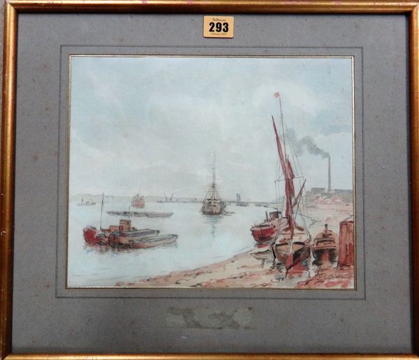 A group of five, including watercolours of low tide, Greenhithe, by G. L. Berhens, a landscape attributed to Paul Wyeth, a lake scene by W.J. Smith, a