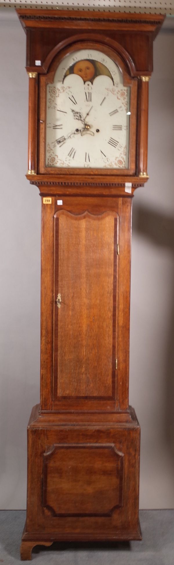 An 18th century 8 day oak longcase clock with arch top 13 inch dial, 217cm high(two weights and one pendulum).  A3