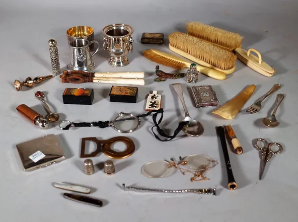 A quantity of collectables, including; a silver plated toothpick holder formed as an urn, miniature bibles, a pair of bone handled nut crackers, silve