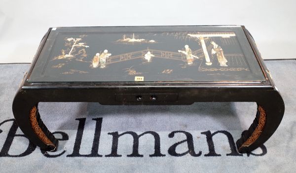 A 20th century black lacquer and mother-of-pearl decorated Chinese coffee table,106cm wide x 42cm high.  E4