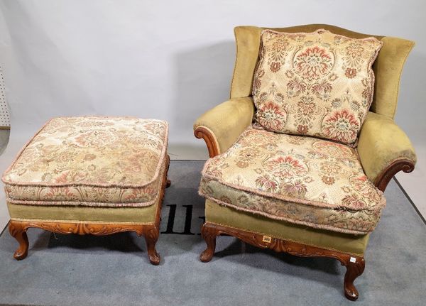 Criterion Cords; a pair of Victorian style stained beech framed low wingback armchairs, 83cm wide and two matching rectangular footstools, 64cm wide x