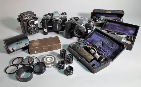 A collection of cameras and scientific equipment, to include Olympus, Lubitel and Kodak. S2M