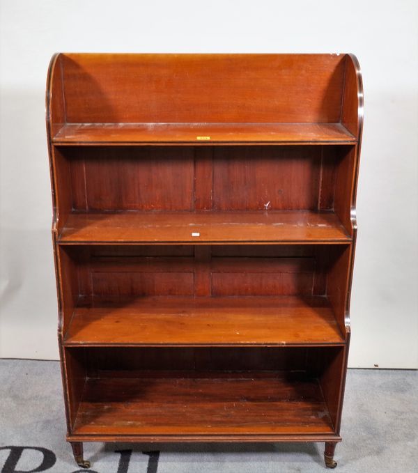 A Victorian mahogany and ebony inlaid four tier waterfall open bookcase on turned supports, 76cm wide x 110cm high.  C2