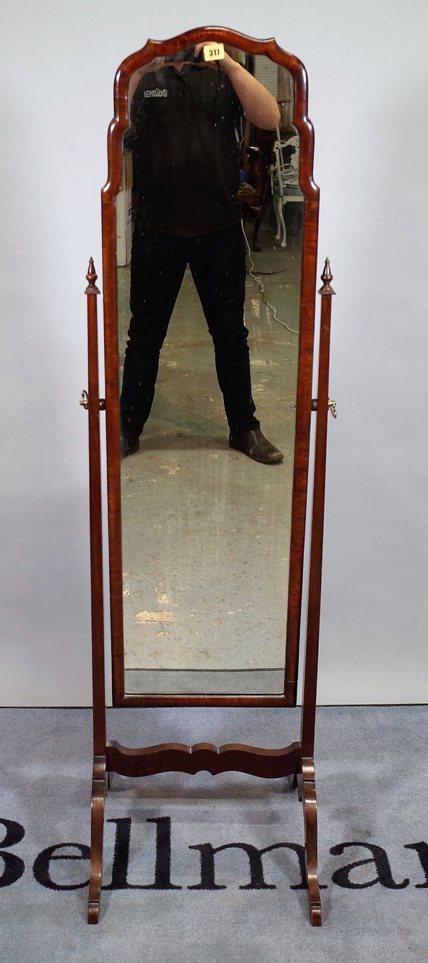 A Queen Anne style stained beech arch top cheval mirror, 46cm wide x 158cm high.  D3