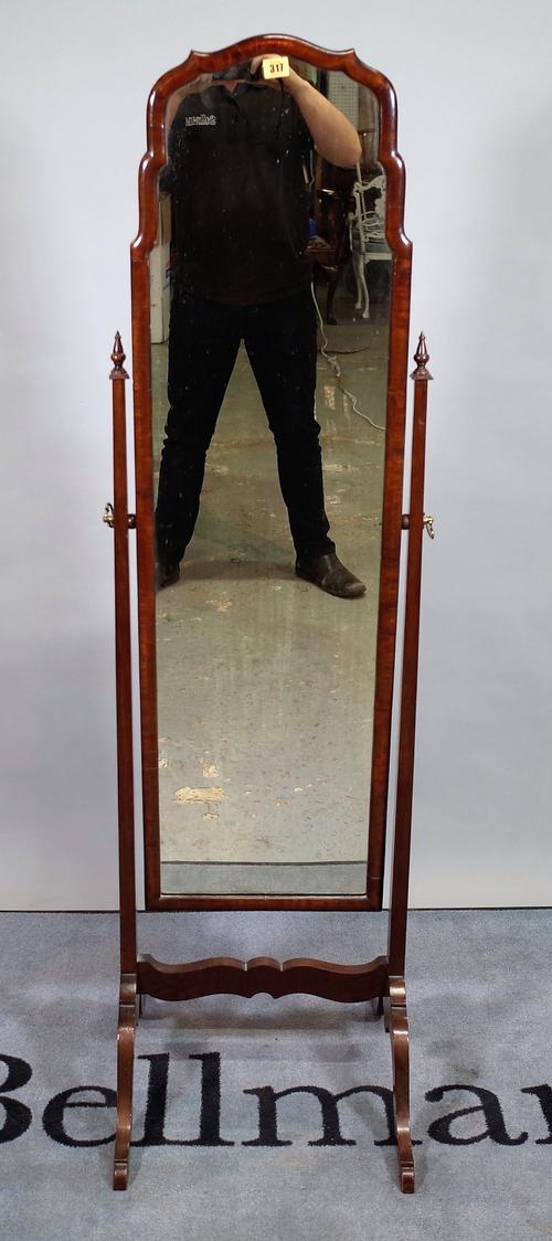 A Queen Anne style stained beech arch top cheval mirror, 46cm wide x 158cm high.  D3