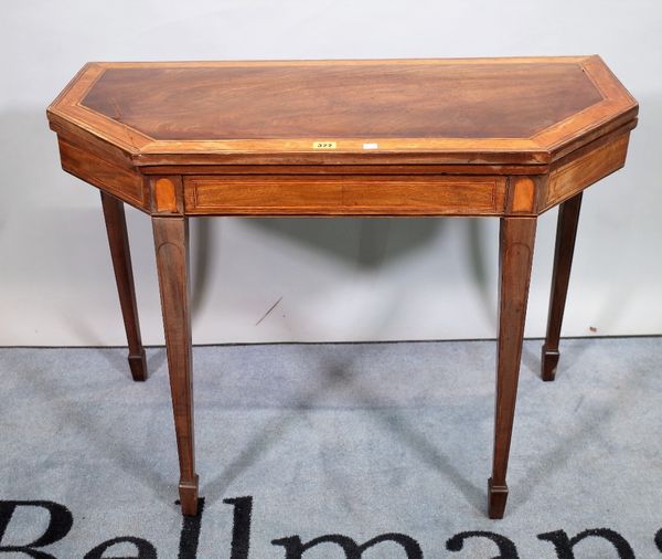 A late George III satin wood banded mahogany canted rectangular card table, 91cm wide x 69cm high.  C4